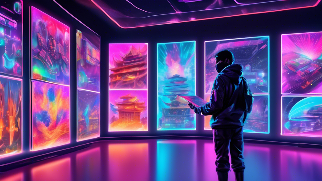 Digital painting of a young person standing in a futuristic virtual gallery, looking at colorful, glowing NFT artworks displayed on holographic screens, with a beginner's guidebook in hand.