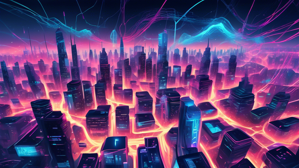 Digital painting of a futuristic cityscape intertwined with complex, glowing network connections symbolizing the SEI Network.