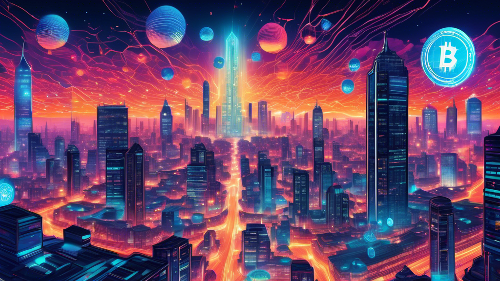 An imaginative digital landscape showcasing various cryptocurrencies as futuristic cities, with Bitcoin, Ethereum, and Ripple towering as grand metropolises interconnected by glowing data streams, under a sky illuminated by blockchain patterns and digital code.