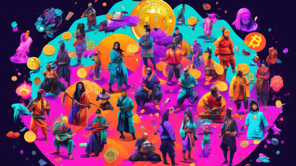 A digital collage illustrating the vibrant world of NFTs (Non-Fungible Tokens) featuring people of diverse backgrounds engaging in various strategies such as creating digital art, participating in virtual auctions, and trading, all surrounded by symbols of cryptocurrency and success.