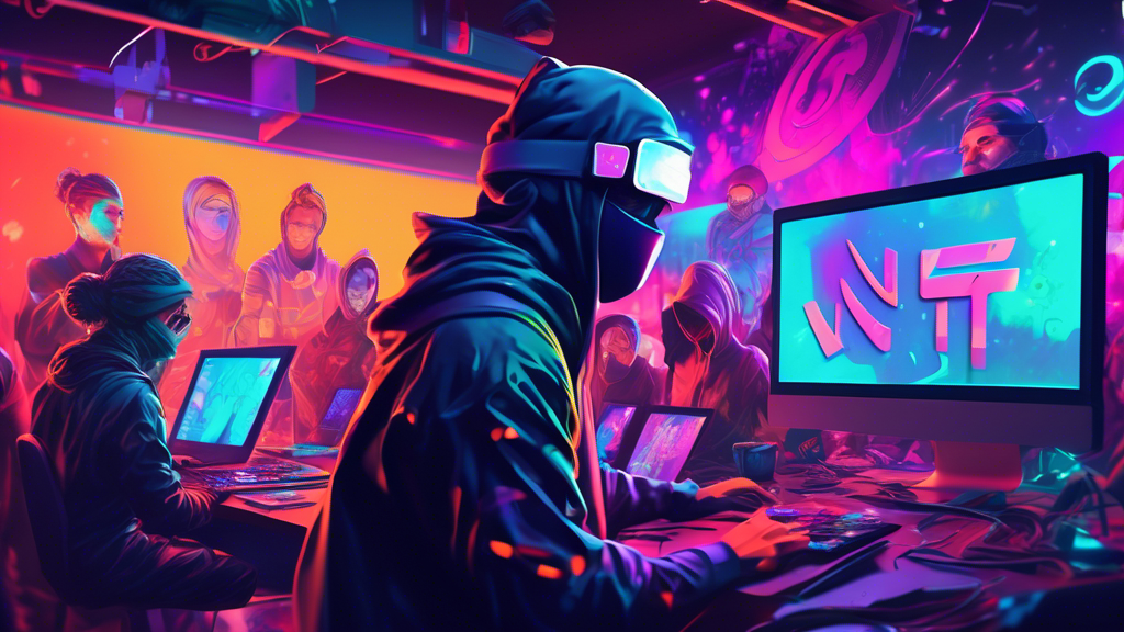 A digital artist at their computer creating a colorful, unique NFT artwork, with the SEI Network logo glowing on the screen, surrounded by intrigued beginners looking on, in a futuristic, cyber-styled room.