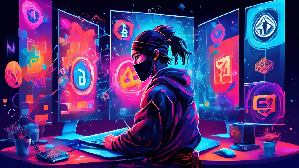 An illustrated beginner sitting in front of a computer screen, with a digital paintbrush painting an array of interconnected blockchain symbols and vibrant digital artworks floating into an 'SEI Network' portal.