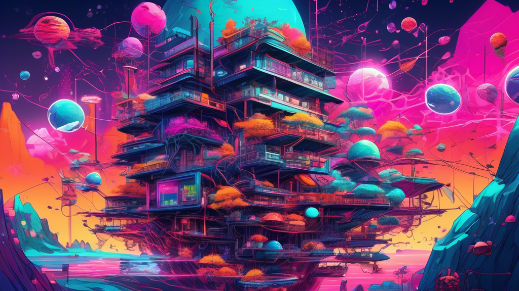 Detailed illustration of diverse digital art pieces as NFTs floating above the futuristic landscape of the SEI Network, showcasing a vibrant and interconnected web of technology.