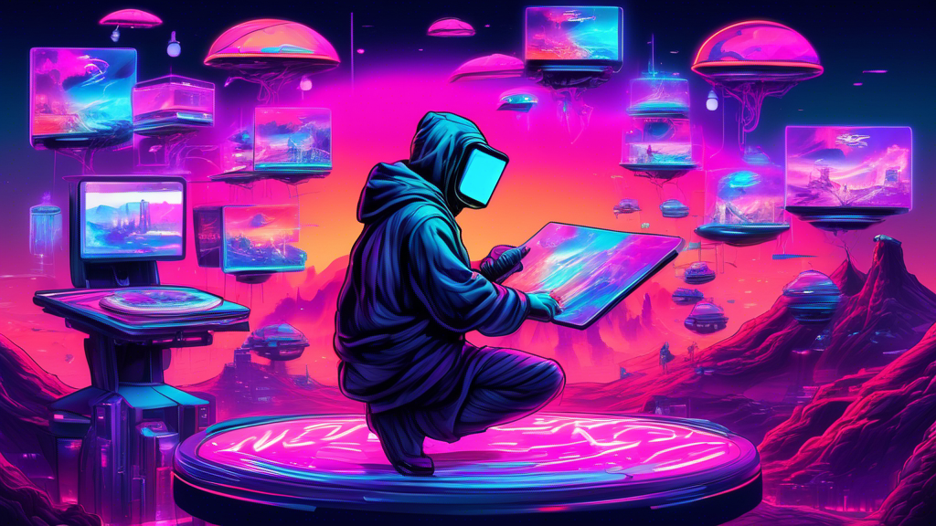 An artist drawing a futuristic digital landscape showcasing various unique NFT artworks on virtual display stands, with 'Webump' holographic logos floating amongst them, under a neon sky.