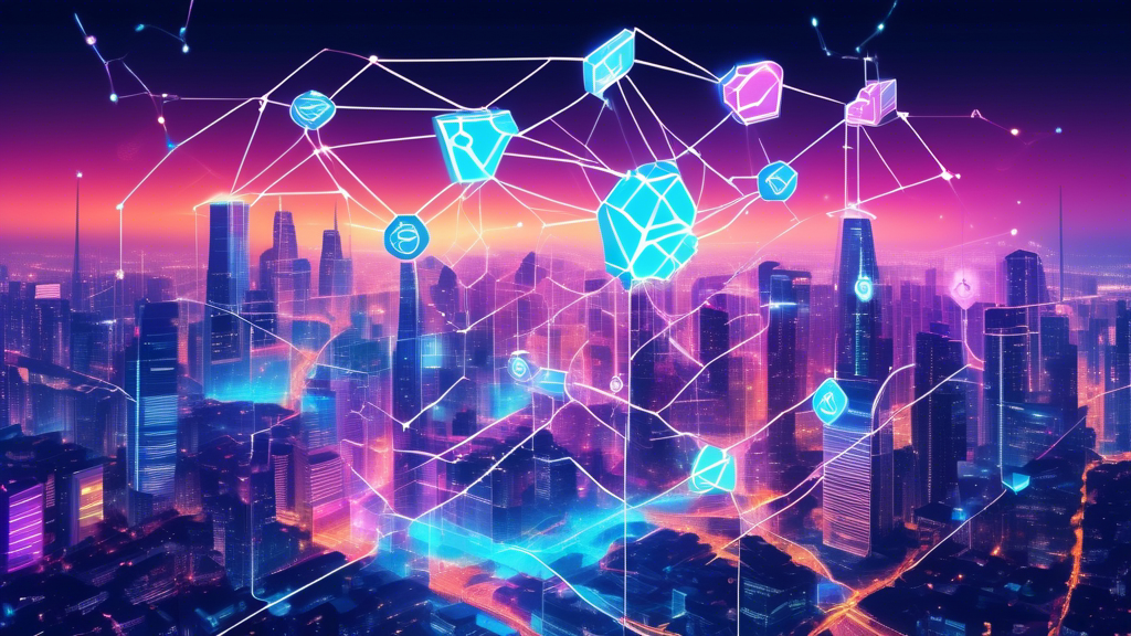 A digital illustration showcasing the integration of VeChain and Sei Network technologies, featuring two puzzle pieces representing each blockchain coming together against a futuristic city backdrop, highlighted by glowing connections and collaborative icons.