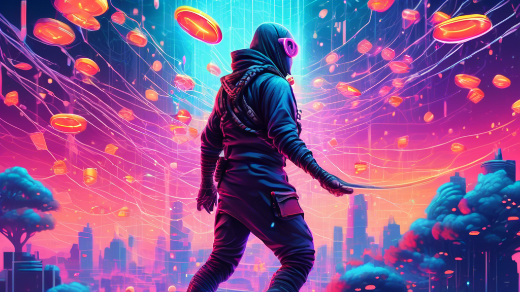 Detailed illustrated guide showing a user in futuristic attire using a digital net to catch glowing tokens raining down from a cloud in a vivid cyber landscape.