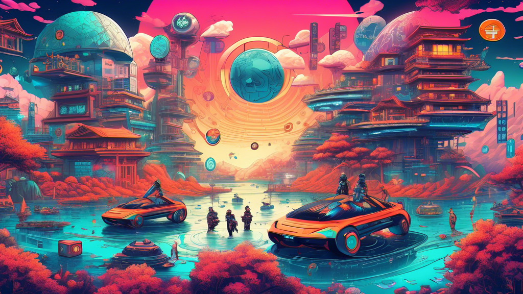 An intricate illustration of a digital landscape featuring various cryptocurrencies as floating islands, with curious explorers navigating through them using futuristic vehicles, under a sky filled with binary code and financial symbols.