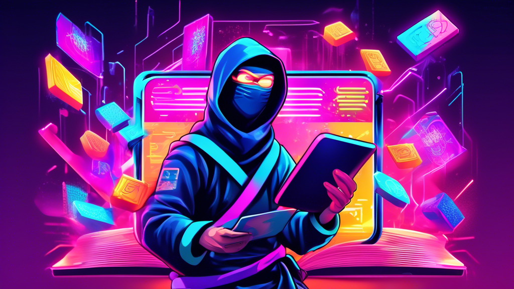 An illustrated digital wallet overflowing with colorful, animated NFTs against a background of neon blockchain links, with excited beginners studying a glowing guidebook on how to profit from non-fungible tokens.