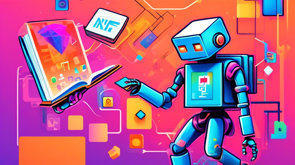 Digital artwork of a friendly robot holding a beginner's guidebook, walking a user through a colorful, abstract representation of the blockchain, with unique NFT icons floating around.