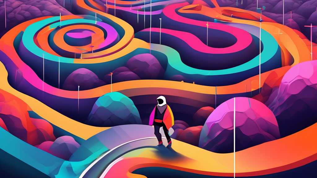 A digital illustration of a person standing at the beginning of a colorful, winding path that represents the journey of understanding NFT whitelisting, with symbolic signposts and checkpoints along the way, set in a futuristic, blockchain-inspired landscape.
