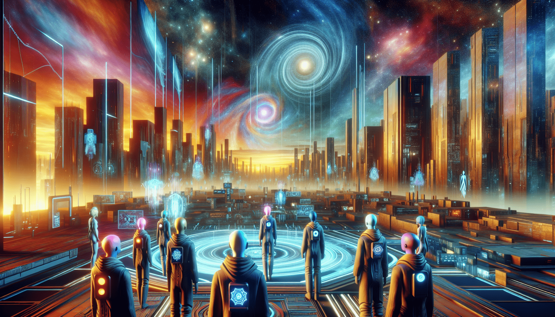An imaginary world represented by a digital collectible. The scene depicts a futuristic setting filled with advanced technology like floating holographic screens and levitating vehicles. The inhabitants of this world are humanoid in appearance with subtly glowing bright colored hair, wearing attire that has a blend of technology and style. They cada have a distinct symbol embedded onto their clothing, showcasing their unique identities within this digital universe. A mesmerizing blend of warm and cold colors dominates the grandiose skyscraper-filled horizon, adding an extraterrestrial aura to the scene.