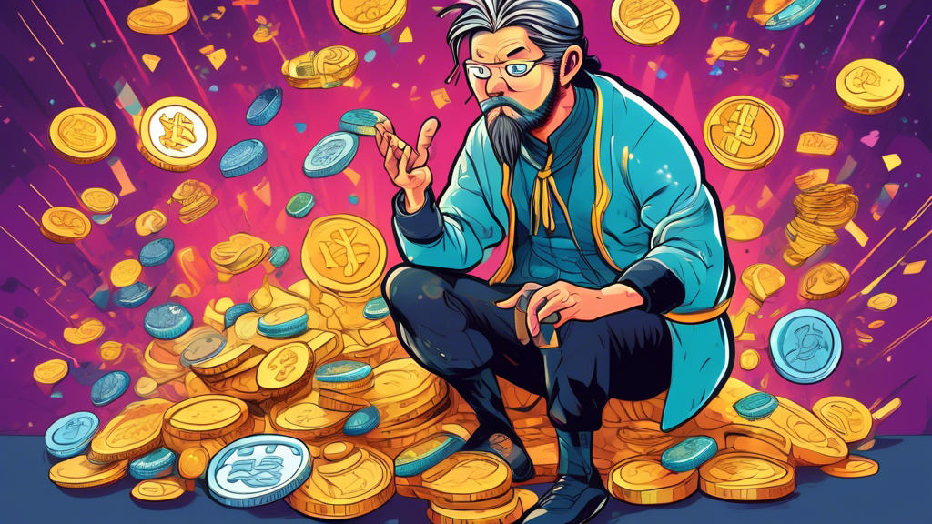 An illustrated guidebook cover featuring a cartoonish, confused investor staring at a pile of glittery, but obviously fake, coins labeled 'Shitcoins', surrounded by digital graphs and question marks, in a whimsical, educational style.