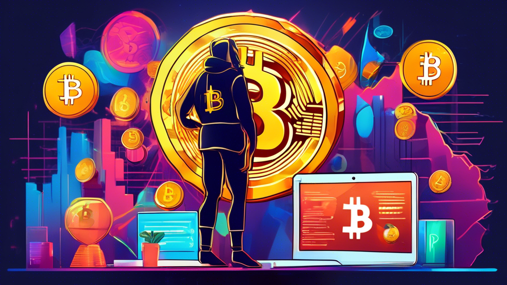 An animated, colorful illustration of a person holding a giant golden Bitcoin while standing in front of a computer screen displaying rising stock graphs, surrounded by various other cryptocurrencies like Ethereum, Ripple, and Litecoin, with digital dollar signs floating around.