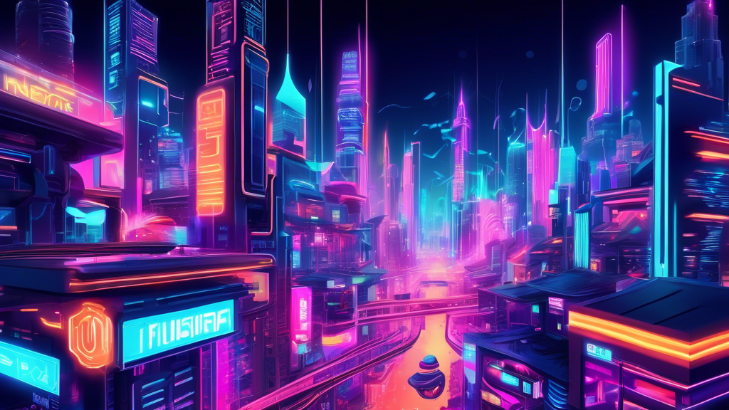 Digital illustration of a futuristic cityscape with glowing neon signs highlighting the top 10 features of Sei Network, showcasing diverse uses and a vibrant community interacting with the technology.