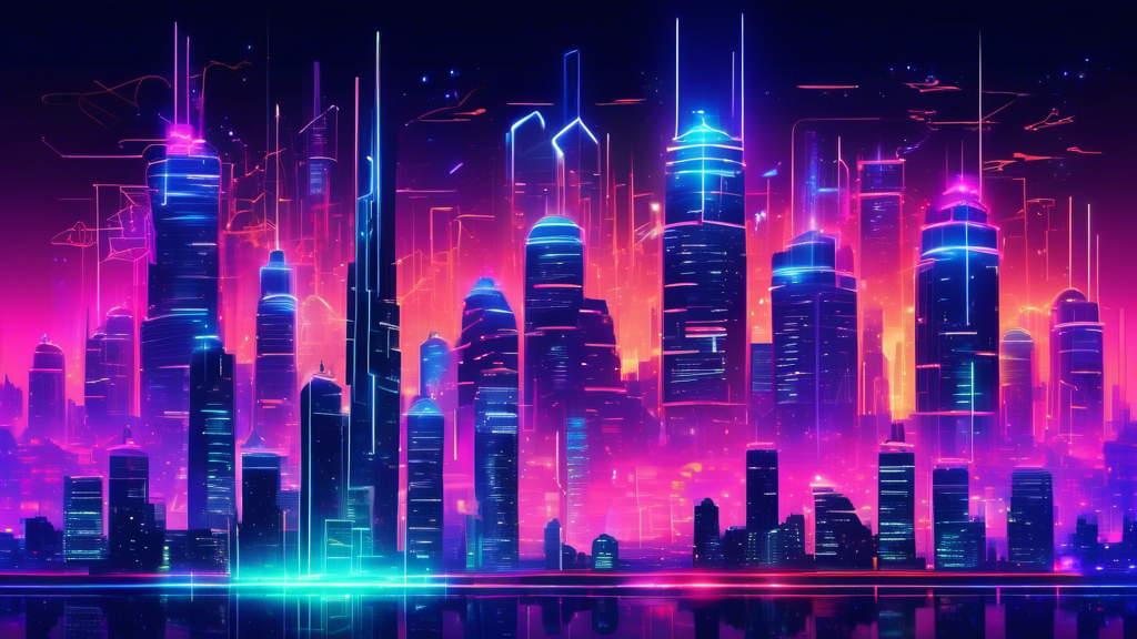 Visualize a dynamic, futuristic city skyline at dusk, where each skyscraper is creatively designed to represent different blockchain logos, with neon lights illuminating their growth trends, surrounded by digital particles signifying rapid development.