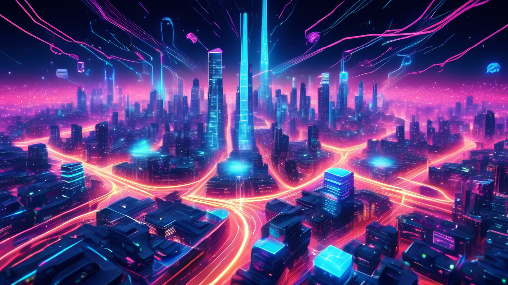 Dazzling digital art of futuristic cities interconnected by glowing, fast-moving data streams representing the top fastest-growing blockchains of 2023, with holographic symbols of their logos.