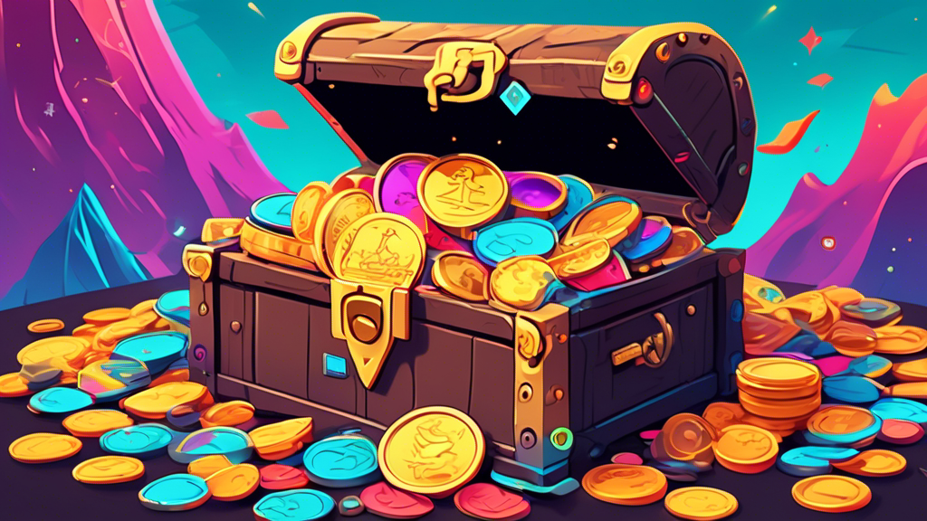 A cartoon-styled treasure chest overflowing with colorful, whimsical coins each bearing the face of different internet meme characters, set against a background of skyrocketing graphs and digital landscapes.