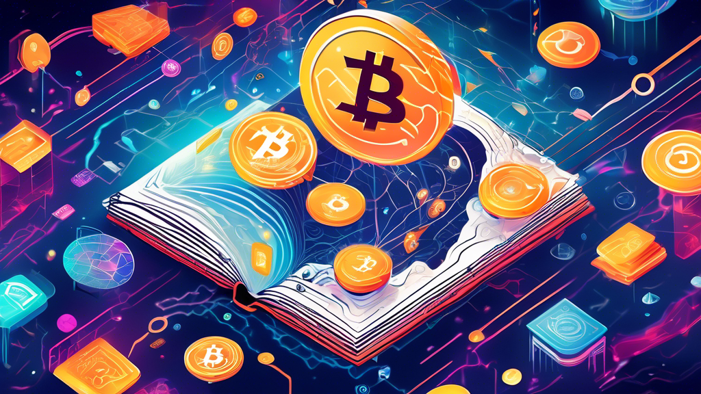 An illustrated beginner’s guidebook floating in cyberspace with various cryptocurrencies like Bitcoin, Ethereum, and altcoins swirling around it, set against a digital landscape backdrop symbolizing blockchain technology.