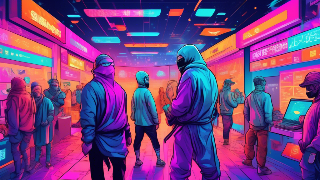 An illustrated digital marketplace bustling with activity, showcasing various cryptocurrencies in a futuristic, decentralized exchange environment, with beginners looking in awe and curiosity, absorbing information from floating digital guides.