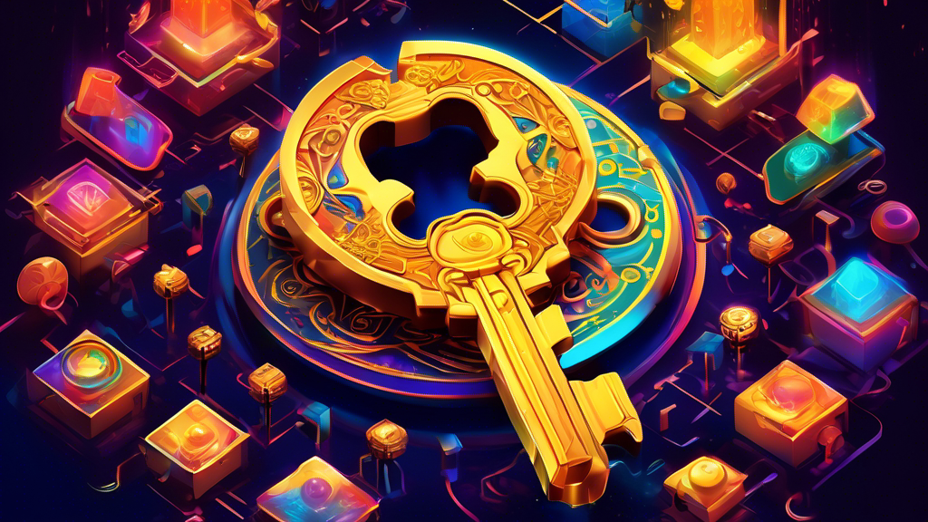 An inviting and colorful digital illustration of a large, golden key unlocking a luminous, virtual display showcasing an array of unique digital art pieces, including 3D models, digital paintings, and pixel art, symbolizing exclusive access gained through NFT whitelisting.