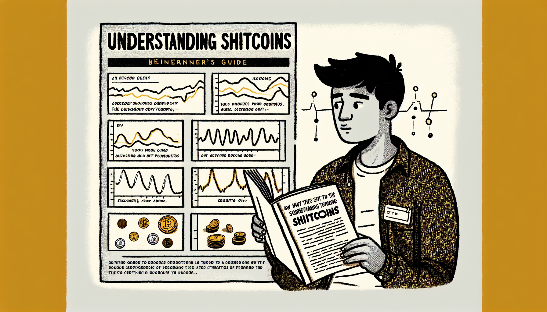 An illustrated beginner's guide titled 'Understanding Shitcoins'. It includes diagrams representing fluctuating graphs of various cryptocurrencies, also a character who appears to be a young South Asian male dressed casually, reading the guide whilst looking thoughtful. Although light-hearted in nature, the image promises a rigorous primer on the subject.