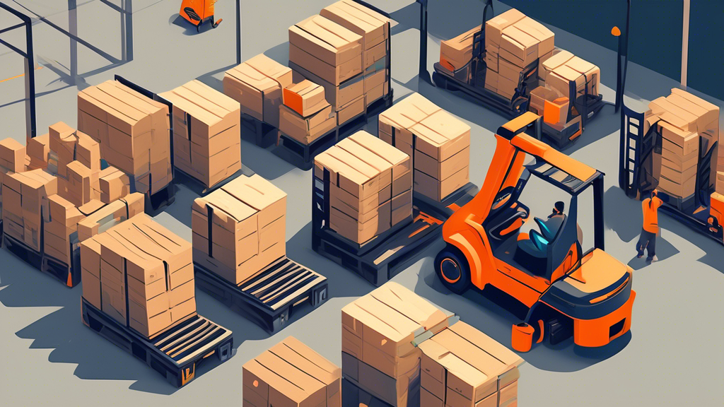 An illustrative digital image of forklifts loading and unloading standardized pallets at a busy hub of the Sustainable and Efficient Industrial (SEI) network, highlighting the smooth operation and environmental benefits of pallet exchange.
