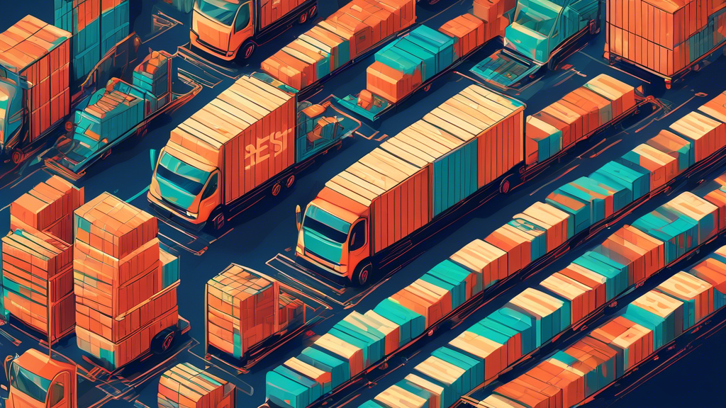 An illustrative depiction of a bustling global supply chain network showing pallets being seamlessly exchanged between trucks, warehouses, and retailers, highlighting the efficiency and sustainability of the SEI network.