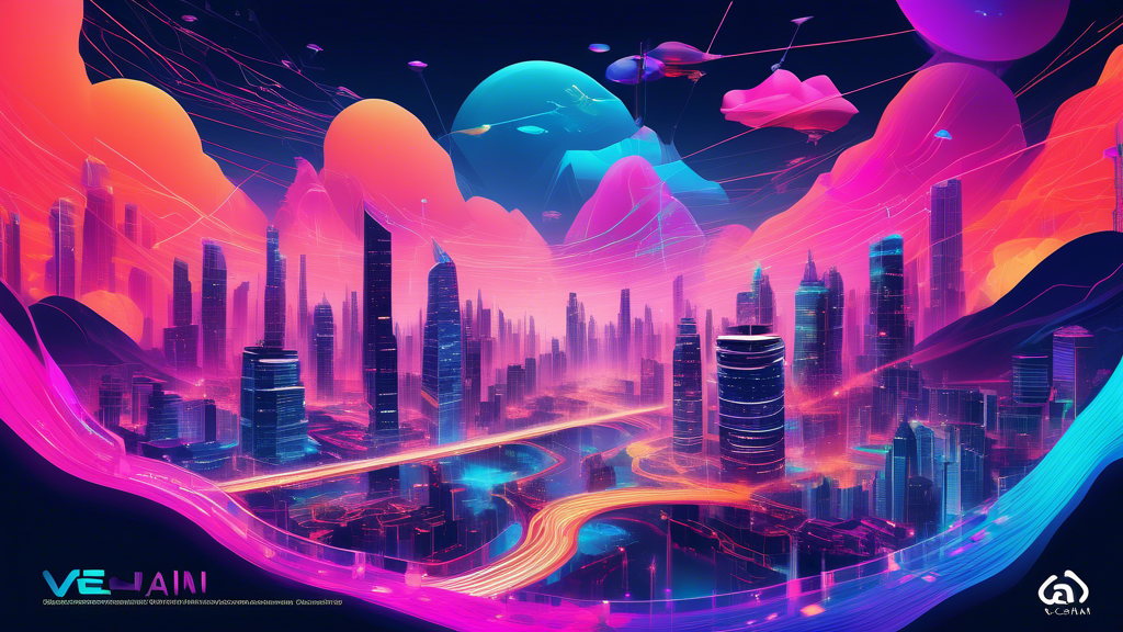 A detailed, colorful infographic comparing the key features and differences between VeChain and Sei Network, set against a futuristic digital landscape background.