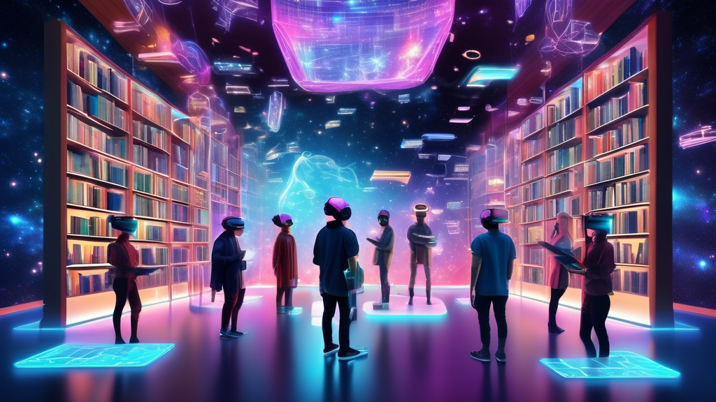 A digitally rendered image of a futuristic, holographic library filled with glowing, interactive books on Web 3.0 technology, with people wearing VR gear browsing through the virtual information, all on a background of a starry digital network.