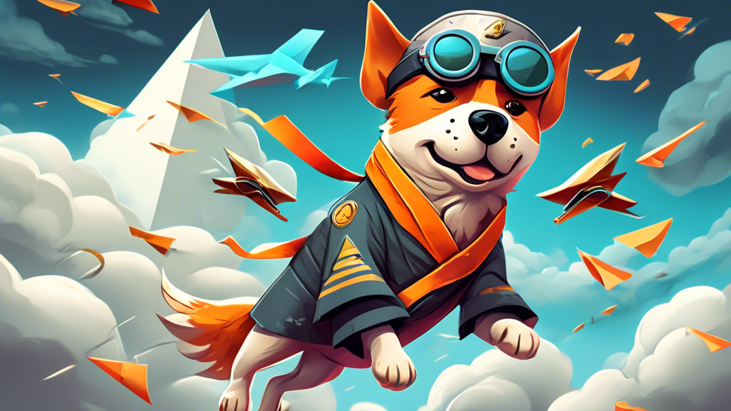 A cartoon-like, friendly dog wearing a pilot's hat and goggles navigating a paper airplane through a stormy sky made of various symbolic memecoins and crypto symbols.