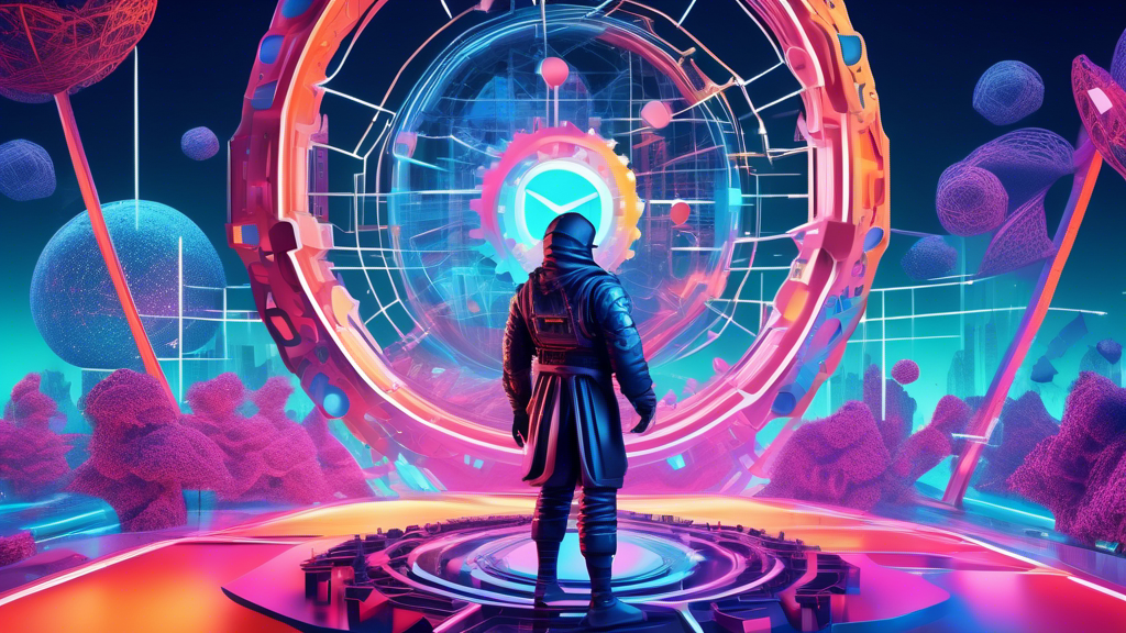 Digital explorer with futuristic gear navigating a three-dimensional, virtual landscape representing Web 3.0, with abstract digital structures, blockchain elements, and connected nodes in the background.