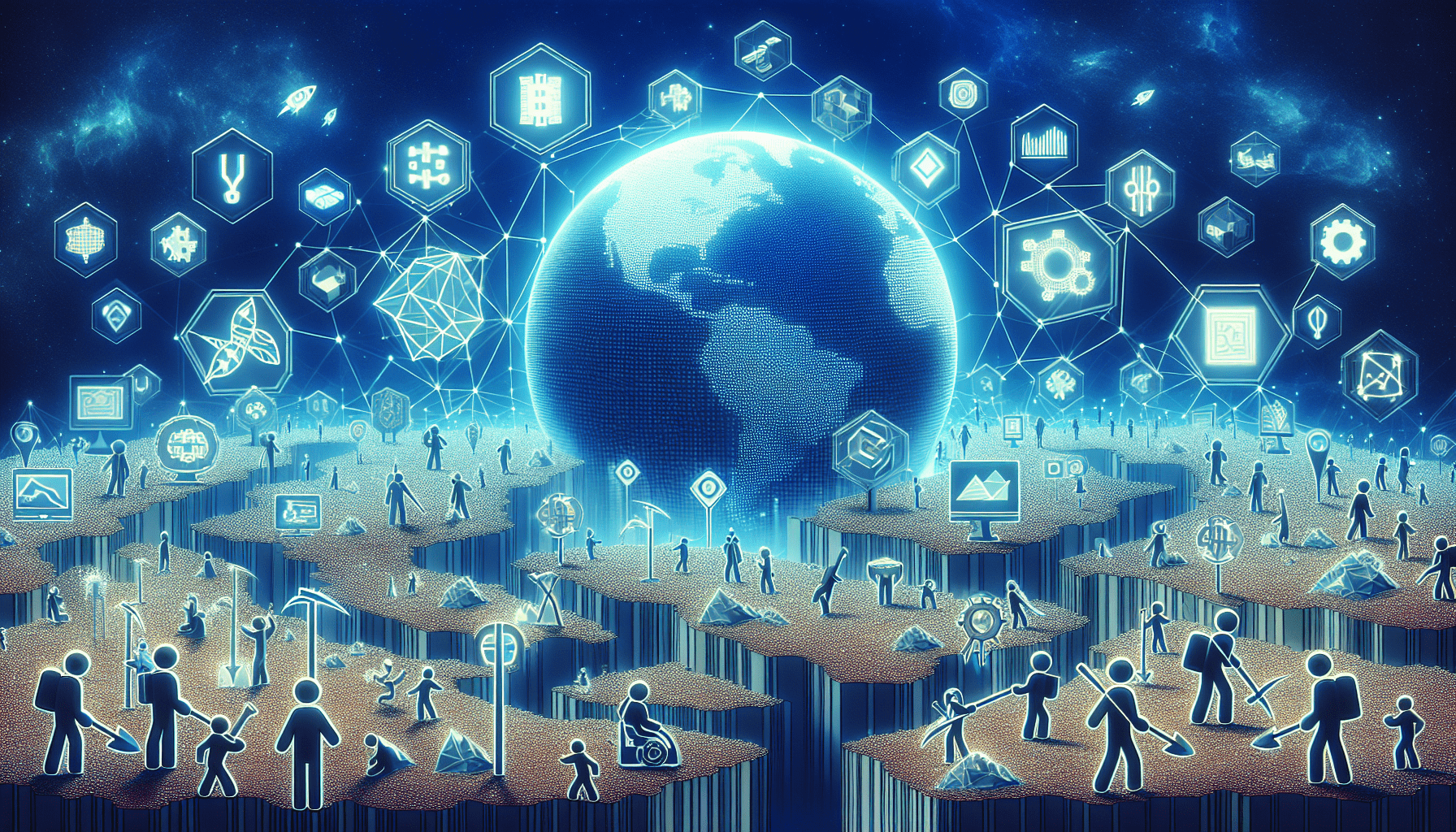 Imagine a digital landscape representing the world of technological exploration. This landscape is dotted with symbols representing innovative concepts in technology such as blockchains, digital currencies, and smart contracts. In the center, there is a holographic globe representing the interconnected nature of this digital world. Multiply fashioned figures are navigating the world, symbolizing participants in the technology community. Some figures carry shovels, chisels and pickaxes, symbolizing the effort and discovery inherent in technological exploration. Please avoid any references to specific NFT projects, brands, logos or copyrighted material.