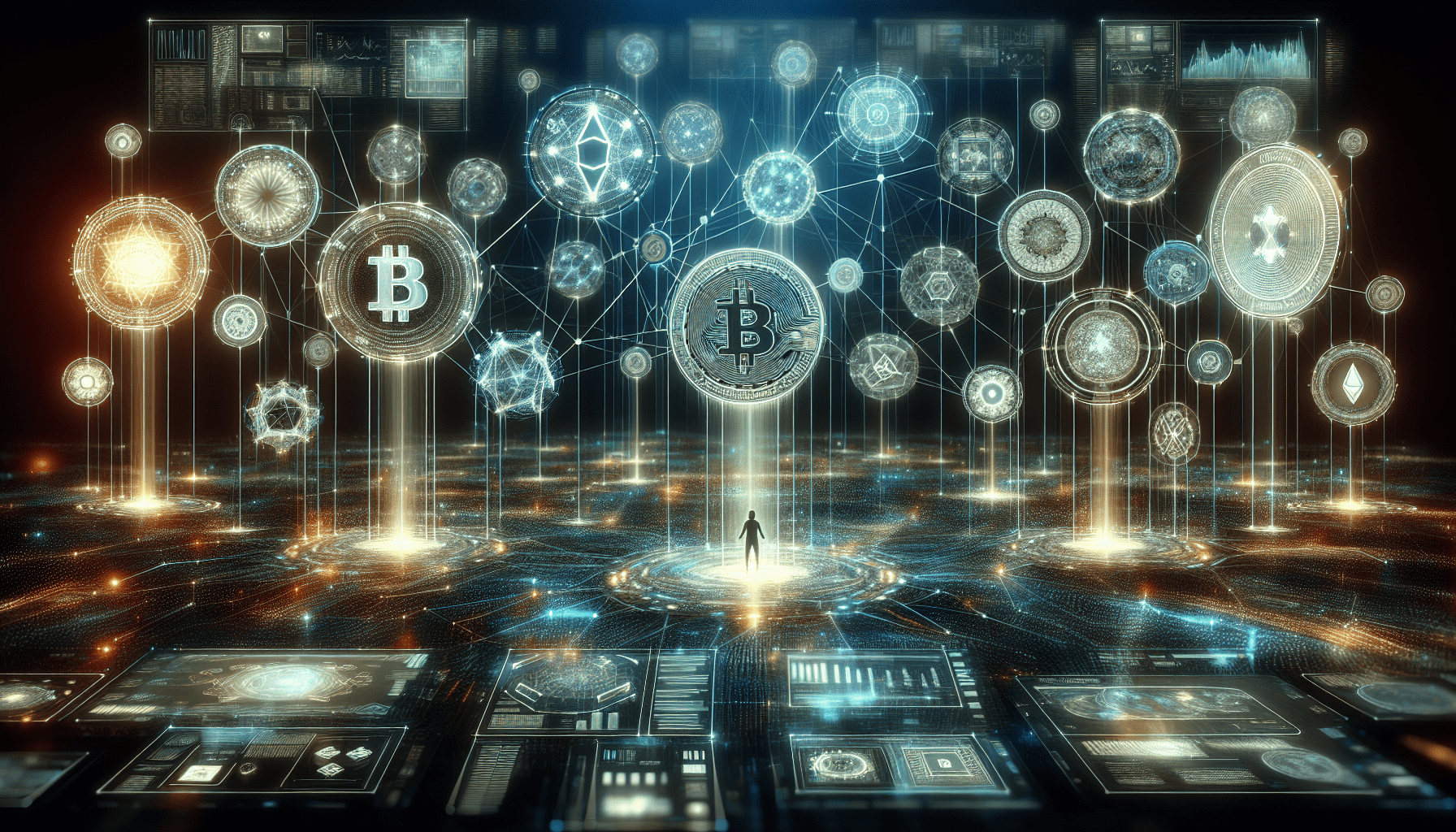 An allegorical representation of digital assets in the future. This can be visualized as a cyberspace filled with glowing, intricate, unique tokens denoting different types of securities, commodities, or goods. They are suspended in a network of shimmering, interconnected lines signifying blockchain technology. Some tokens evolve or mature into more complex forms, symbolizing their potential for growth and change in the digital ecosystem. A user interface overlays this vista, with futuristic graphics and data analytics being displayed on transparent screens. Please note that this is an abstract concept and interpretation of future digital assets.