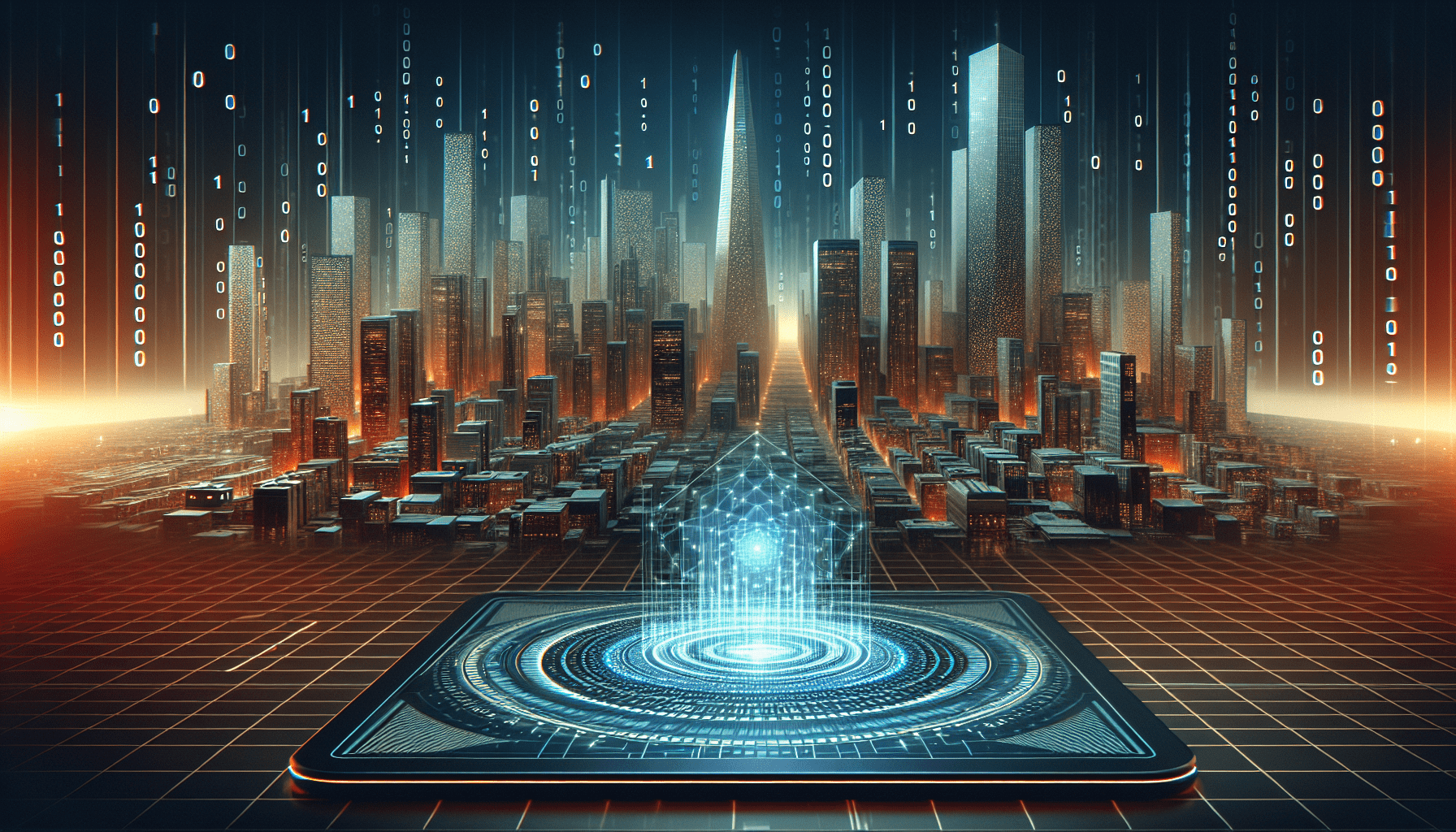 Depict a digital landscape that taps into the concept of blockchain technology. A futuristic cityscape with skyscrapers made of geometric patterns, evoking the complexity of coding, forms the background. Front and center, a holographic display floats above a table, showcasing a rotating three-dimensional digital art piece. To further enhance the representation, include binary code patterns subtly sweeping across the scene. Note: This should not portray any specific cryptocurrency or platform.