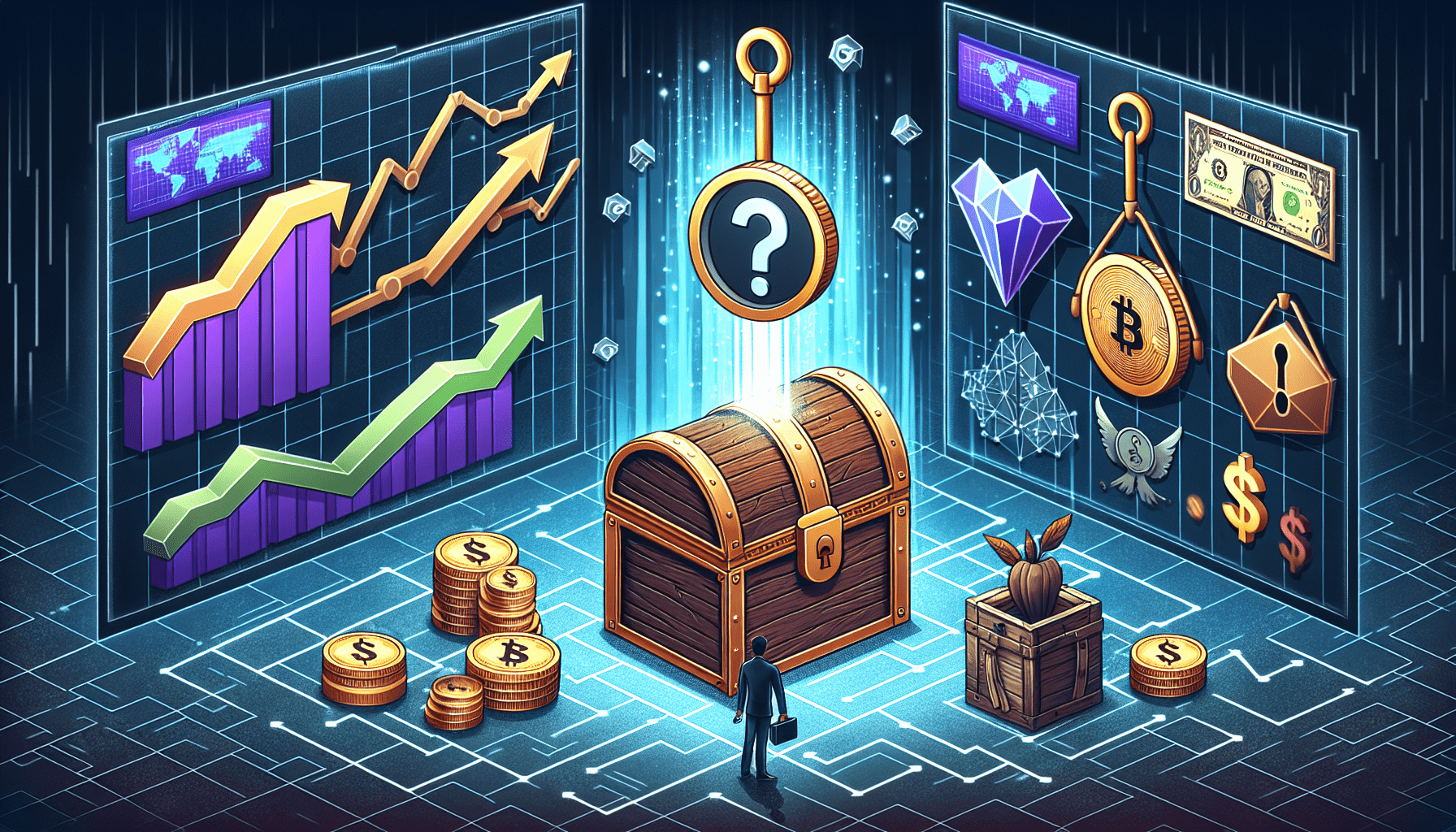 A visual guide showing a metaphorical process of obtaining wealth through non-fungible tokens (NFTs). The picture includes a chest representing