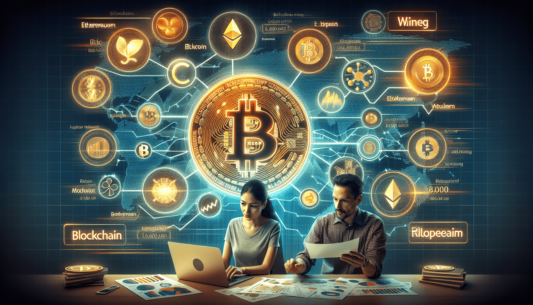 Imagine a visual guide for beginners breaking down the intricacies of cryptocurrency. The cover of the guide displays a large, glowing bitcoin symbol taking centre stage. Alongside it, several smaller icons representing different types of cryptocurrencies like Ethereum, and Ripple are scattered around. A young South Asian woman and a middle aged Hispanic man can be seen poring over a laptop that displays a complex yet organised layout of data graphs and trend lines representing the fluctuating market. Keywords explaining key concepts such as