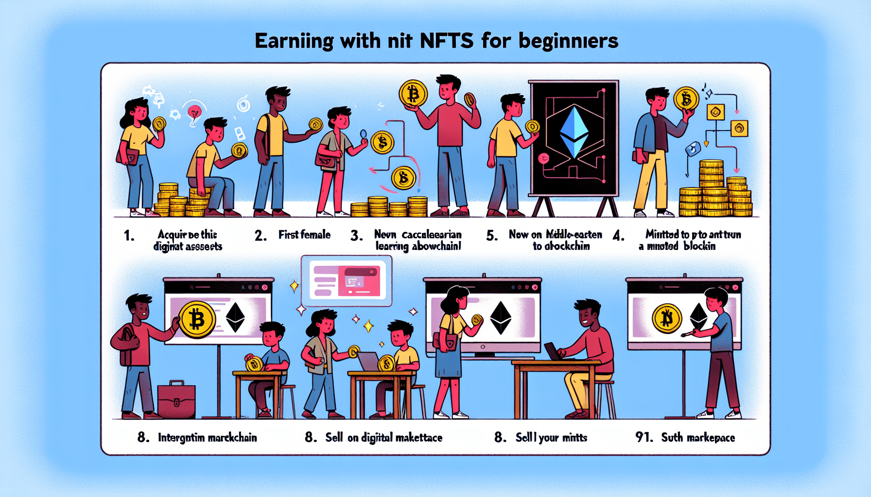 An illustrated guide about earning with NFTs for beginners. The image could be divided into several sections, each representing a step in the process. First section can showcase a person acquiring digital art assets, next one could show the person learning about blockchain, followed by a depiction of a person minting their NFT, and finally, selling it on a digital marketplace. Make sure a diverse range of individuals including male, female, Caucasian, Hispanic, Black, Middle-Eastern, South Asian, are represented. Use cartoon style imagery and make sure to incorporate symbols of blockchain, digital art, internet marketplaces throughout the illustration.