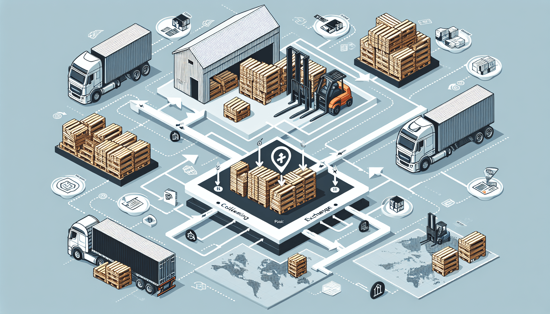 An image detailing the complex system of a pallet exchange network. In one corner, a stack of wooden pallets. In another corner, a warehouse with a forklift operating. Another section shows a semi-truck transporting pallets across a detailed map, indicating the delivery routes. Icon or symbols representing exchange or swapping should be scattered throughout. A flowchart or a network graph illustrating the exchange process from collecting pallets, to warehouse storage, to delivery should be prominently featured.