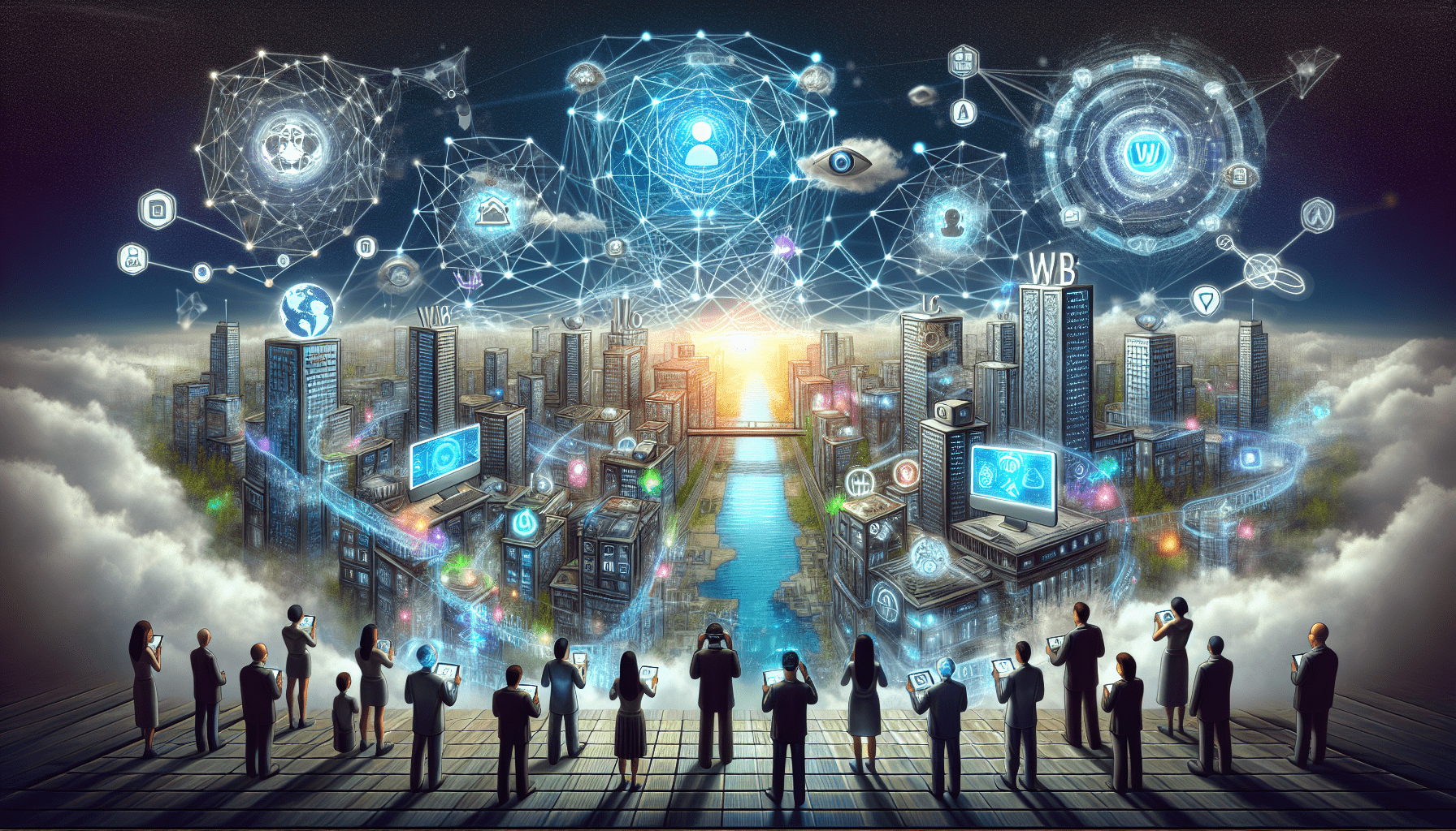 An engaging visual representation of the concept of Web 3.0. Picture a futuristic cityscape where buildings represent different aspects of the web - decentralized networks, blockchain structures, smart contracts, and user-driven content. Virtual reality elements are superimposed on this cityscape, symbolizing the immersive digital experiences offered by Web 3.0. Consider the inclusion of diverse individuals, of varying genders and descents, interconnected through holographic screens, their faces glowing with anticipation and curiosity. Around them, data streams swirl, connecting buildings to people to the sky, as artificial intelligences float overhead, guiding the way to an exciting digital future.
