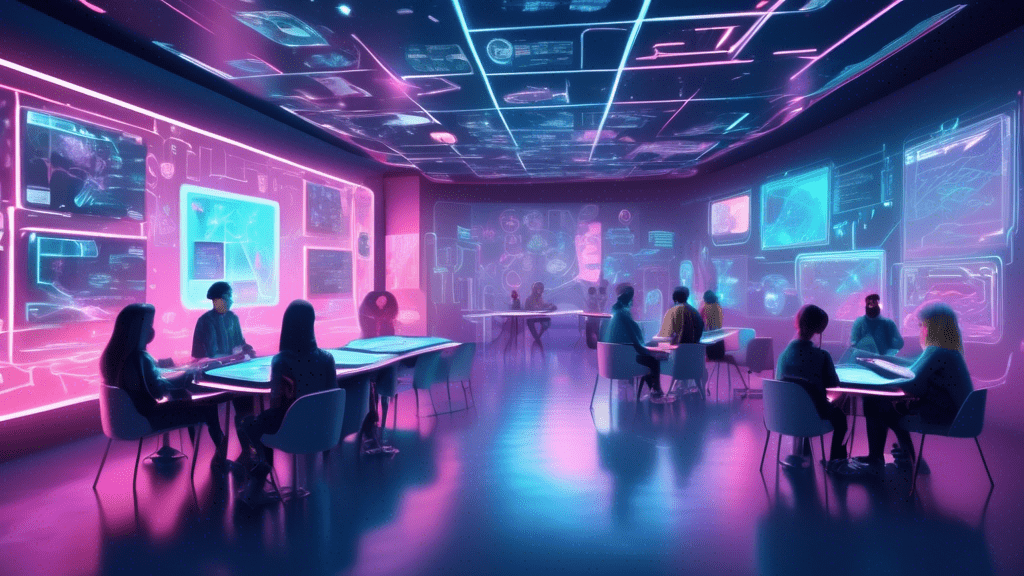 A digital classroom with a diverse group of people learning about NFT whitelisting from a holographic tutorial, surrounded by floating examples of NFT art and codes, in a futuristic, cyber-themed environment.