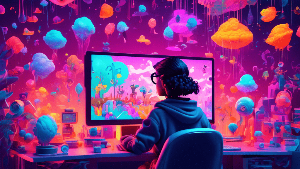 Digital illustration of a curious beginner exploring the vibrant, whimsical world of Webump NFTs on a computer screen, surrounded by floating digital NFT art pieces.