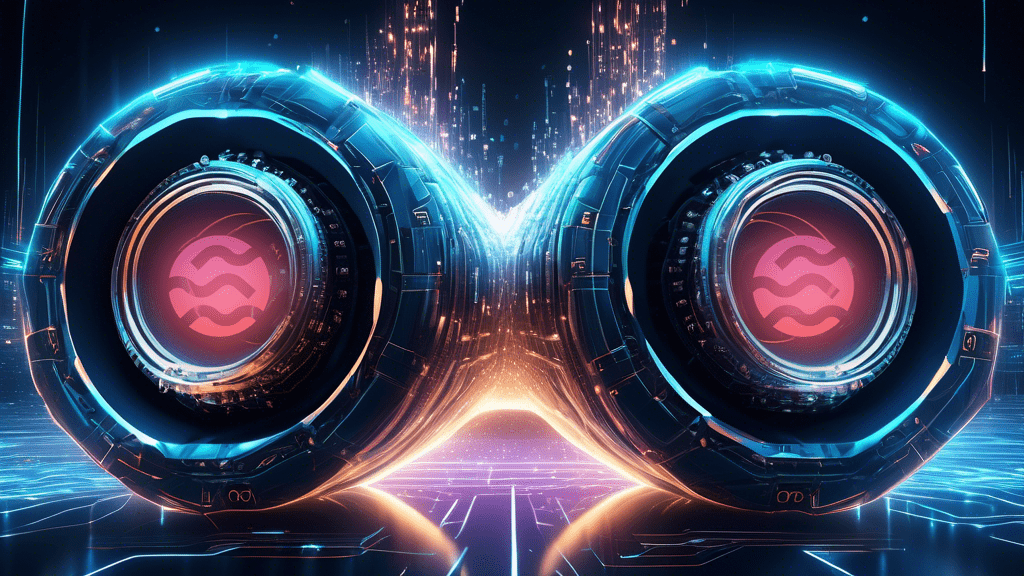 An artistic representation of twin turbo engines powering a futuristic blockchain, with the word