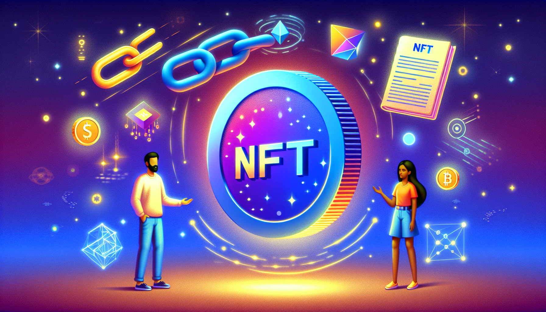 An image illustrating the concept of NFTs (Non-Fungible Tokens) for beginners. The background is a gradient of blues symbolizing the digital universe. In the foreground, a vibrant, stylized coin with