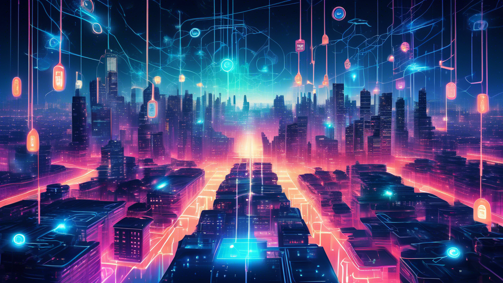 An intricate digital illustration showcasing a futuristic network cityscape, with glowing pathways symbolizing connectivity and ten glowing, holographic key symbols floating above, highlighting the strengths of SEI Network.