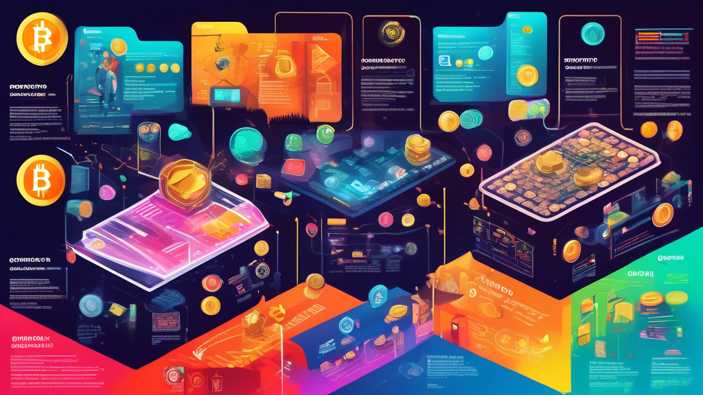 A colorful, detailed infographic that visually explains cryptocurrency concepts like blockchain, mining, and digital wallets, suitable for beginners, displayed on a computer screen with a background of diverse virtual coins and electronic circuits.