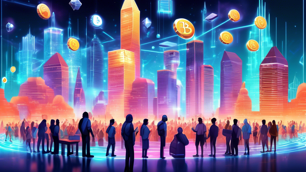 An illustrated digital book cover showing a futuristic cityscape with holographic displays of various cryptocurrencies like Bitcoin, Ethereum, and Ripple, floating above a crowd of diverse people of a
