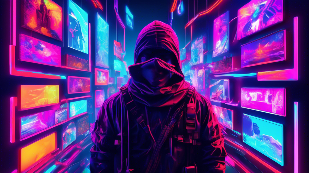 Create a vivid, futuristic digital art piece visualizing a user exploring a vibrant virtual gallery of unique NFT artworks on the Sei Network, highlighted by neon lights and digital information panels.