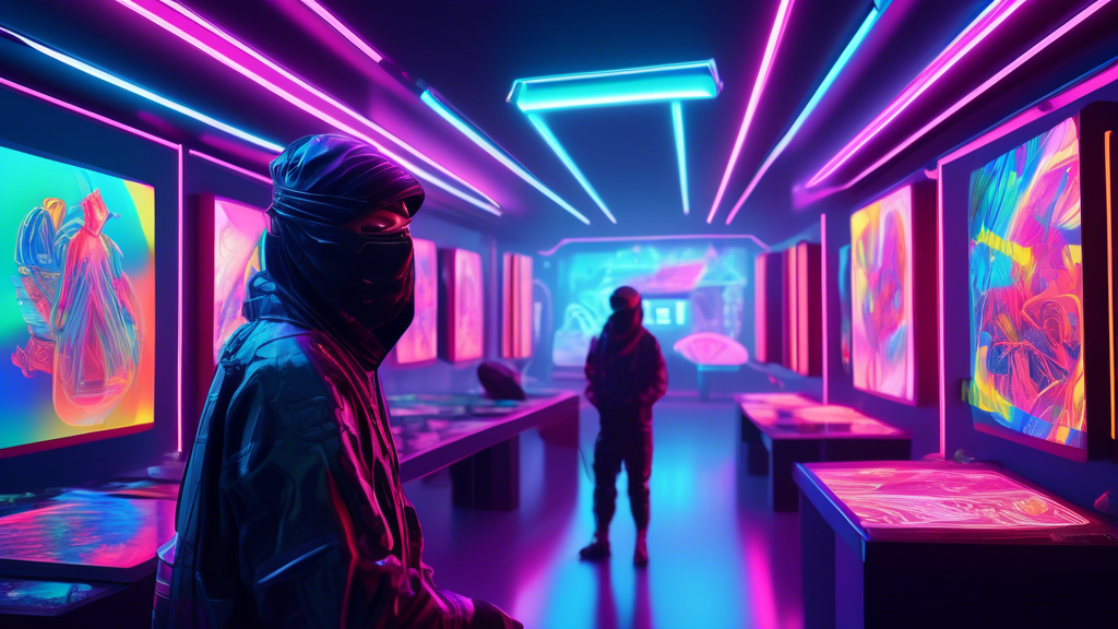 Digital artists creating and exchanging NFTs in a futuristic virtual marketplace on the Sei Network, with neon lights and holographic displays showcasing diverse artworks.