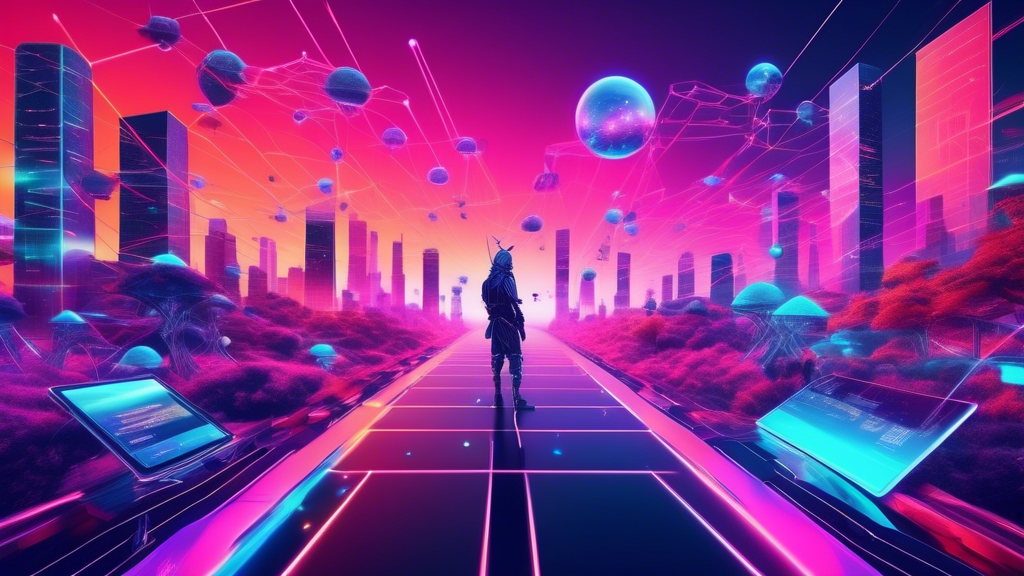 Create a vibrant and futuristic digital landscape illustrating the transition from Web 2.0 to Web 3.0, featuring holographic interfaces, decentralized networks, and individuals interacting with a 3D internet environment.