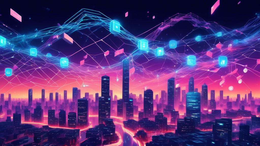 An imaginative digital illustration of blockchain networks VeChain and Sei Network as futuristic cities merging on the horizon, with data streams flowing between them under a glowing digital sky.